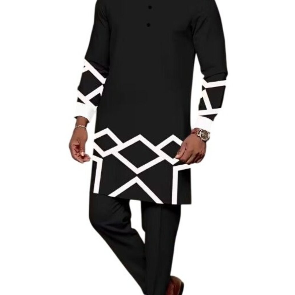 African Formal Dashiki black & white Shirt & Pant Suit Traditional Dress Outfit